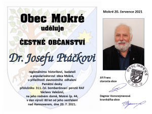 Doklad o udělení čestného občanství Josefu Ptáčkovi