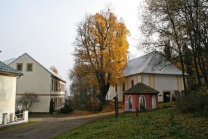 Kostel na Dobré Vodě, v popředí pramen sv. Vintíře a vlevo Dům sv. Vintíře