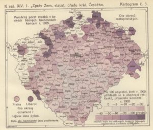 Poměrný počet svazků v českých lidových knihovnách koncem roku 1905