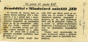 Zpráva o založení JZD v Mladočově, Vesnické noviny Litomyšlska z 19. června 1958.